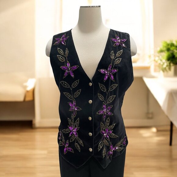 Vintage Jane Ashley Black Velvet Floral Sequin Vest L Boho Chic Festival Holiday - Picture 1 of 12